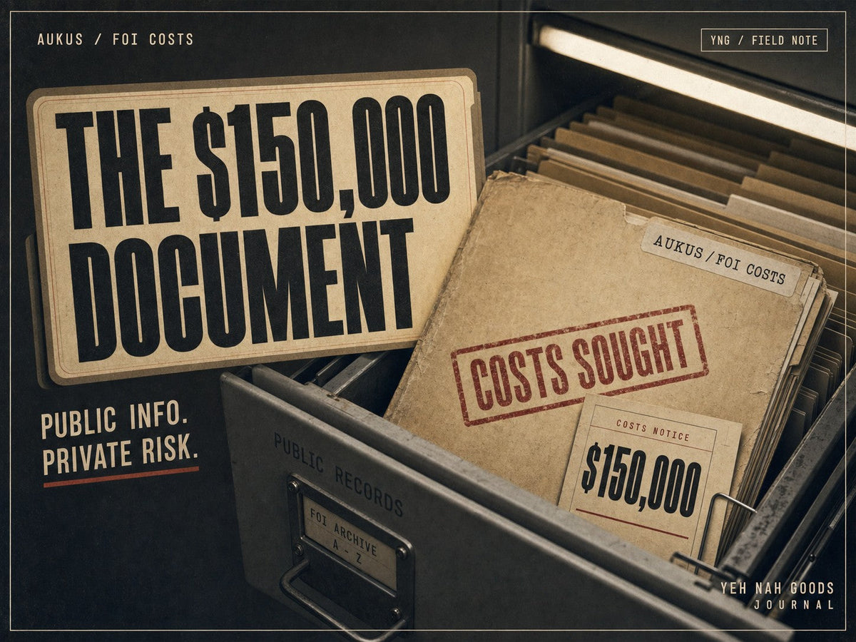 Yeh Nah Goods Field Note cover for The $150,000 Document, showing a public information file and a $150,000 FOI cost warning.