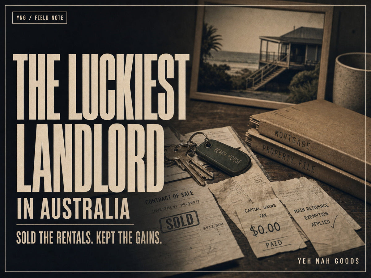 Yeh Nah Goods blog cover titled The Luckiest Landlord in Australia, about Albo, property gains, negative gearing and capital gains tax timing.