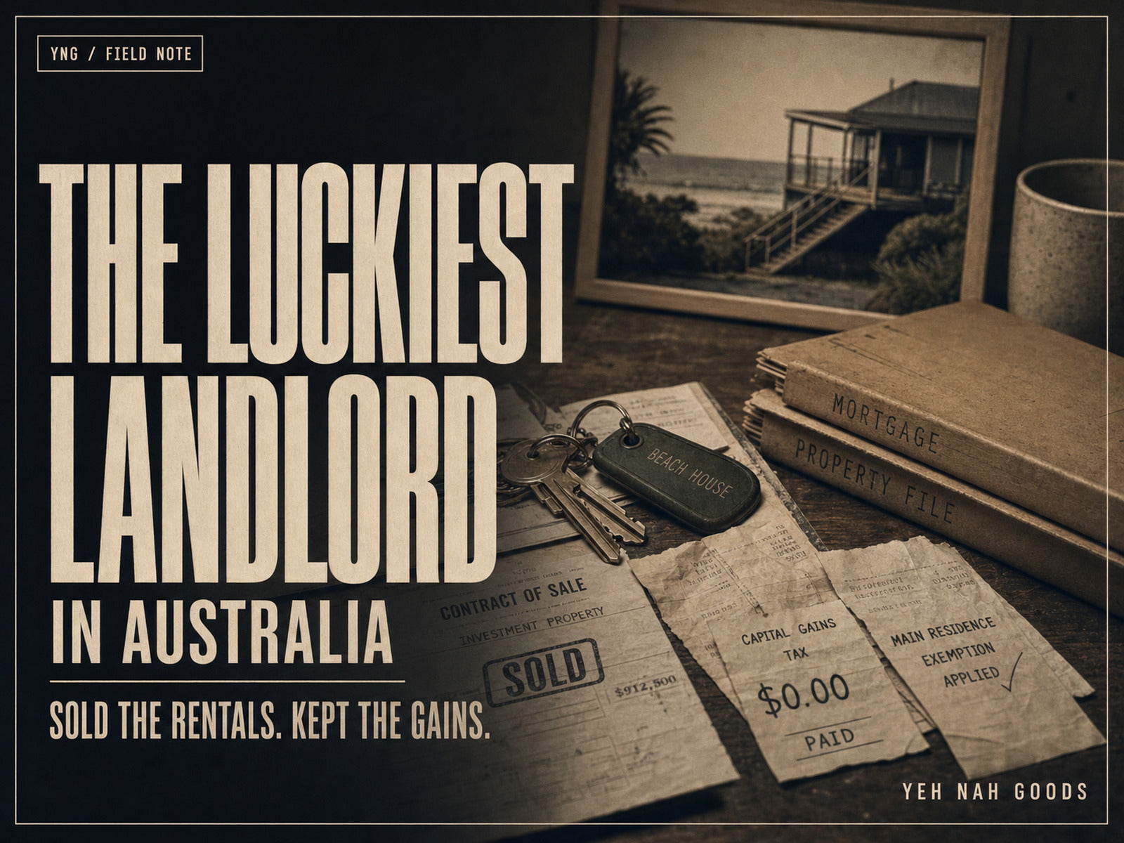 Yeh Nah Goods blog cover titled The Luckiest Landlord in Australia, about Albo, property gains, negative gearing and capital gains tax timing.