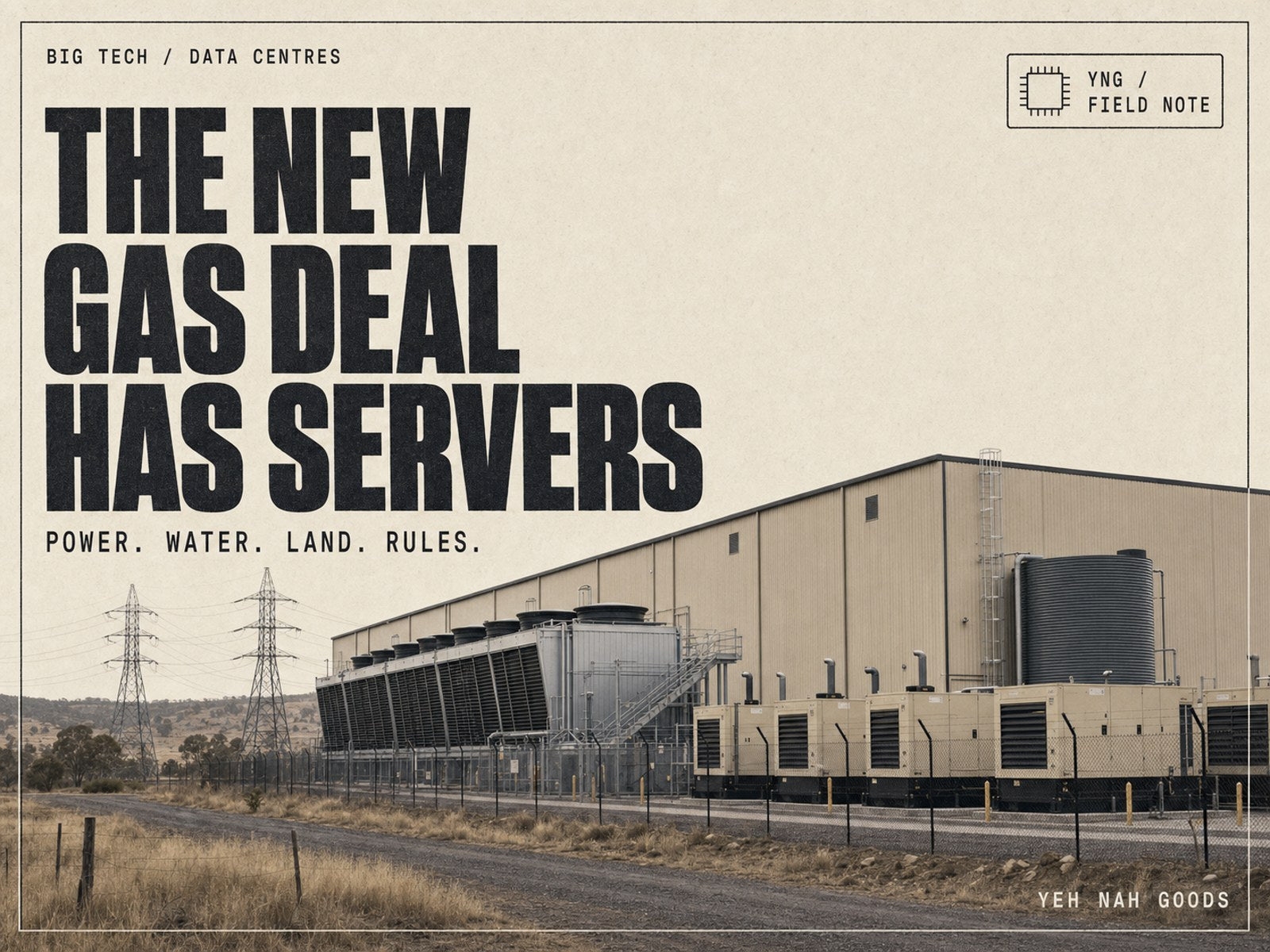 YNG field note cover showing a data centre shed with the title The New Gas Deal Has Servers
