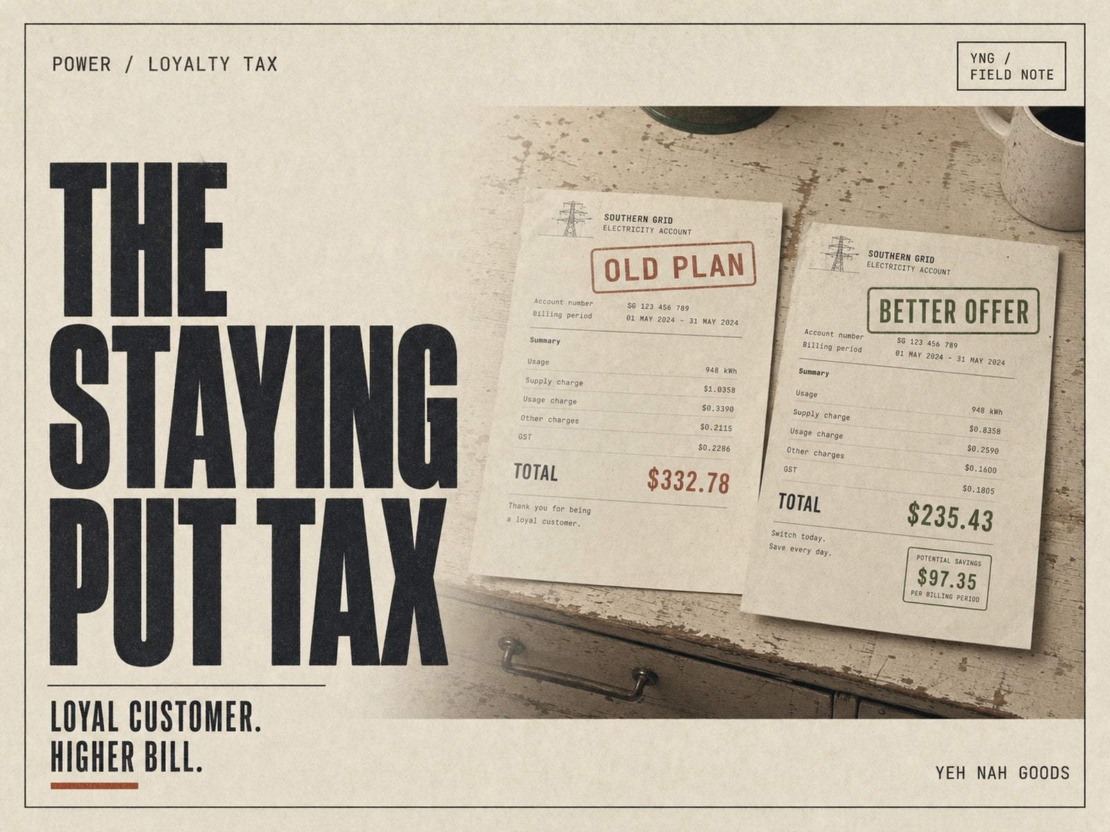 YNG Field Note cover for The Staying Put Tax showing two electricity bills on a kitchen table
