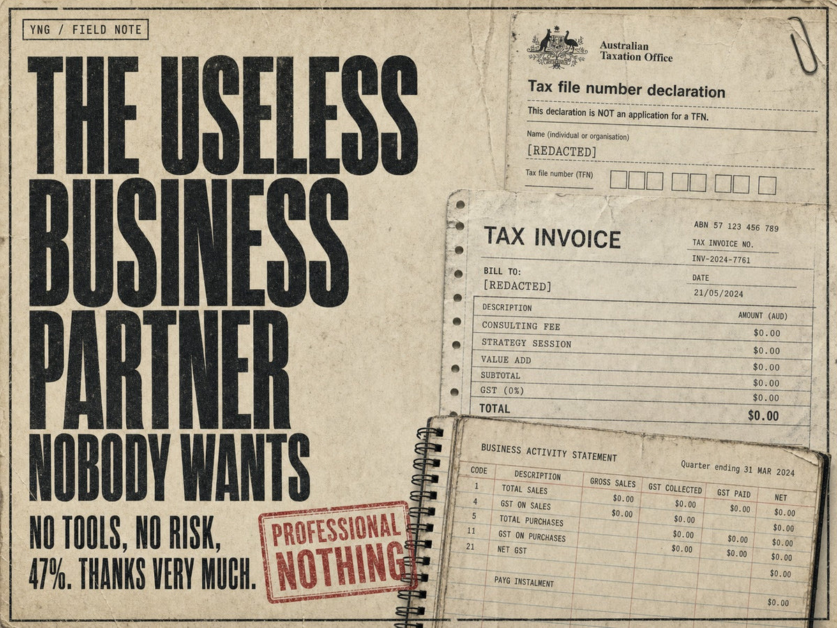Yeh Nah Goods blog cover titled The Useless Business Partner Nobody Wants, about tax and small business.