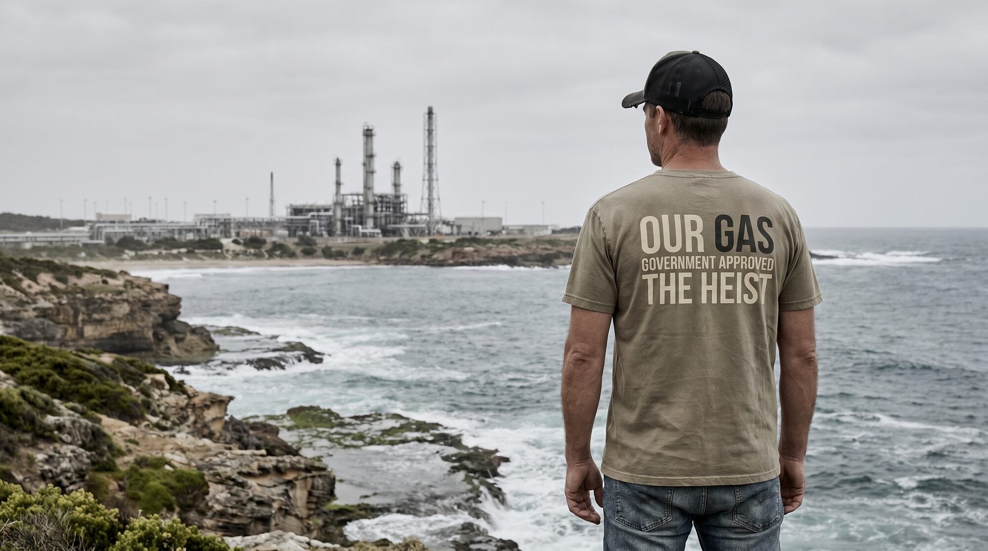 Man in OUR GAS tee on coastline opposite a gas terminal.